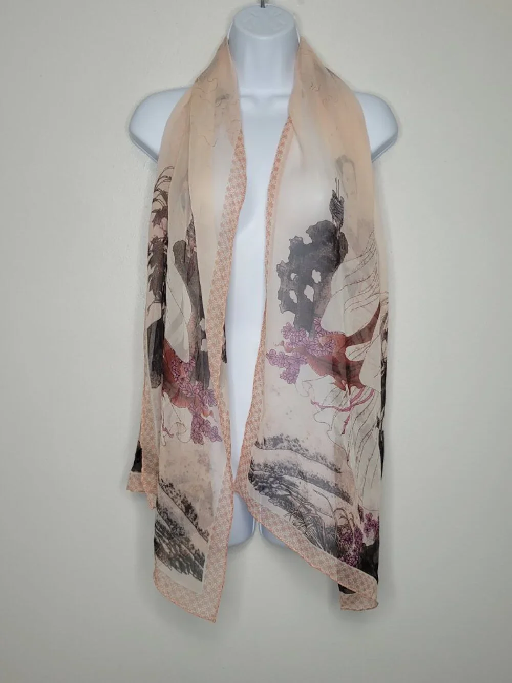 100% silk Asian woman flower print semi sheer scarf art to wear